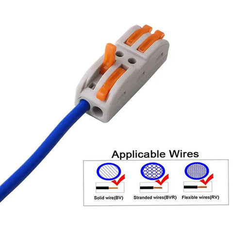 Premium SPL-2 Lever Nut Wire Connectors 15 Pack, 2 Way 4 Port Compact Splice, connected with blue wire, applicable wire types shown