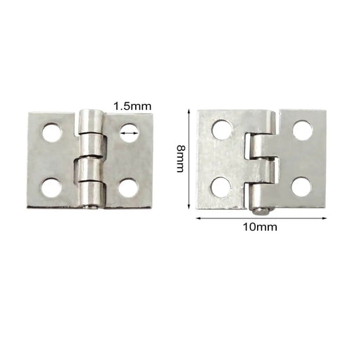 Miniature Cabinet Hinges Set For Jewelry Boxes And Dollhouses, silver brass hinges 8x10mm with 1.5mm holes, 50-pack, side view