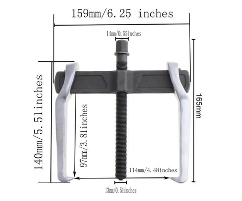 Heavy Duty 2 Jaw Puller With Single Hook Lifting Tool, Chrome Vanadium Steel Construction; dimensions 6.25x5.5 inches.