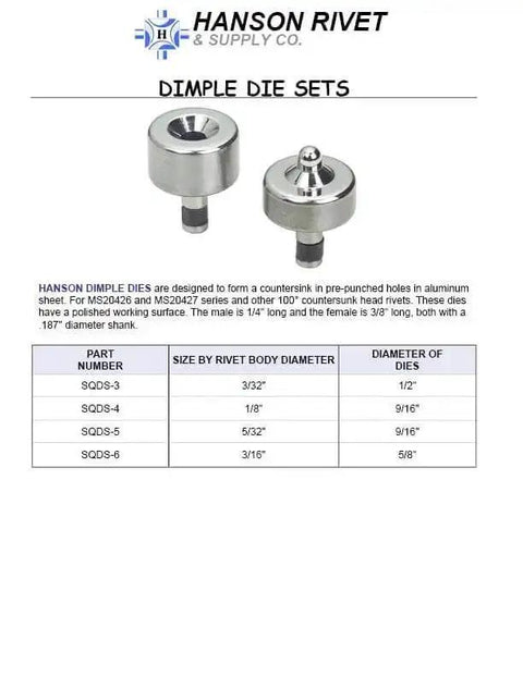 Rivet Dimple Dies Set For One Eighth Inch Rivets In Pre Punched Sheet Metal Holes, 100 Degree Countersink, Heat Treated Steel
