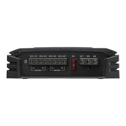 Rear view of Alpine S A32F 4 Channel Class D Digital Car Amplifier showing speaker connections and power inputs