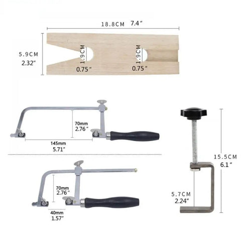 Adjustable Jeweler's Saw Frame Kit With 144 Blades Pro Grade 3 In 1 Jewelry Making Set dimensions and parts shown