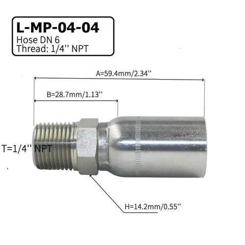 Side view of Ten Pack L-MP-04-04 One Quarter Inch ID Hydraulic Hose End Fittings with specifications and 1/4 NPT male crimp connection