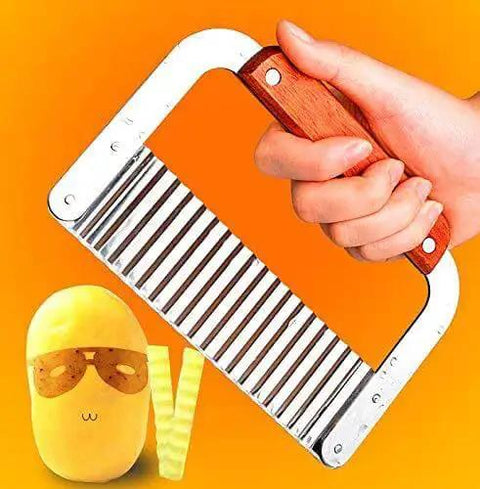 Crinkle Fry Cutter Knife With Stainless Steel Blade And Wooden Handle For French Fries And Veggies Doubles As Fruit And Mushroom Slicer A Versatile Kitchen Gadget For Crinkle Fries Quick Chops And Smooth Salad Prep, shown held above potato.