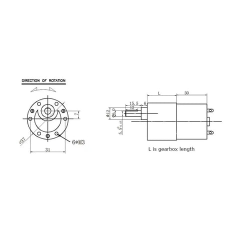 Technical drawing of Built Tough All Metal Planetary Gear Motor With 37mm Gearbox 12V 24V DC Reduction Drive D Type Reducer 76 RPM JGB37-3530