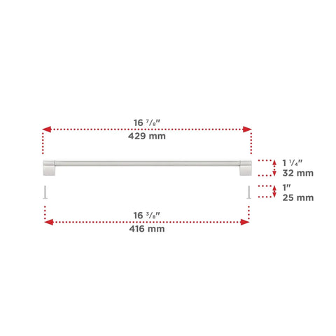 Avellino Collection Brushed Nickel Cabinet Handle Sixteen And Three Eighths Inches Center To Center Bar Pull with measurements shown.