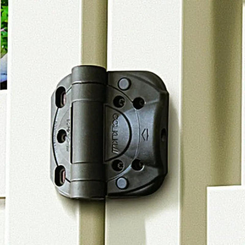 Heavy Duty Self Closing Gate Hinges With Adjustable Tension Springs For Square Post Vinyl PVC And Wood Pool Safety Hinge Built To Last With Swing Close 185 Pound Rating SHC135 Black Safetech installed on a white fence