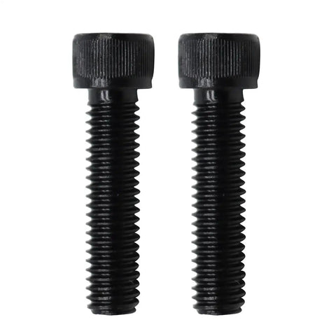 Two black hex socket head cap screws on a white background, featuring threaded shafts for industrial applications.