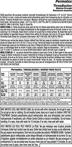 Permatex 27 070 6 ml blue medium strength threadlocker packaging detailing uses, properties, and safety instructions.