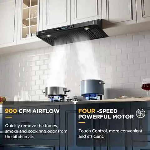 36 Inch Under Cabinet Range Hood With 900 CFM Dual Motors Black Kitchen Vent Hood for heavy-duty cooking, shown in modern kitchen setup