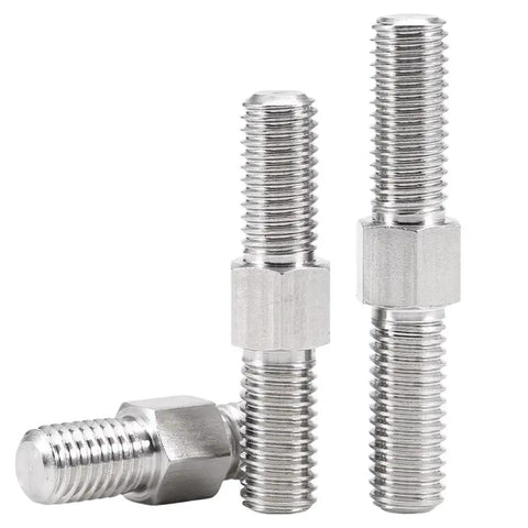 M5 90 Stainless Steel Hex Head Double End Studs Rods With Right And Left Threads in a side and upright view