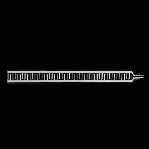 Pressure sensor strip SF15-150, 150mm x 15mm thin-film FSR with interdigitated electrodes and dual leads.