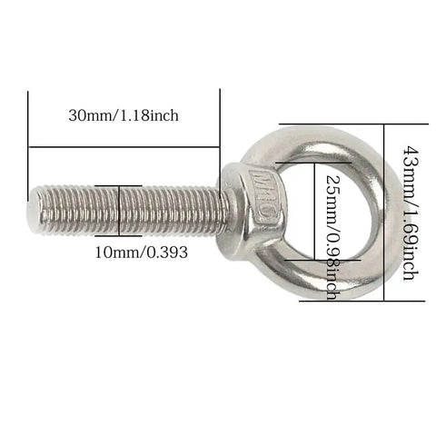 Shoulder Eye Bolt M10 304 Stainless Steel Heavy Duty Eye Bolts With Washer And Nuts, close-up showing dimensions