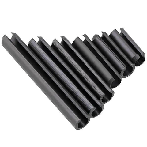 Close-up of black steel slotted spring pins from 300 Pcs Roll Pin Assortment Set Slotted Spring Pins Expansion Pins With Storage Case For Automotive Repair Mechanical Projects Electrical Maintenance And DIY Auto And Motorcycle Repairs, showcasing various sizes.