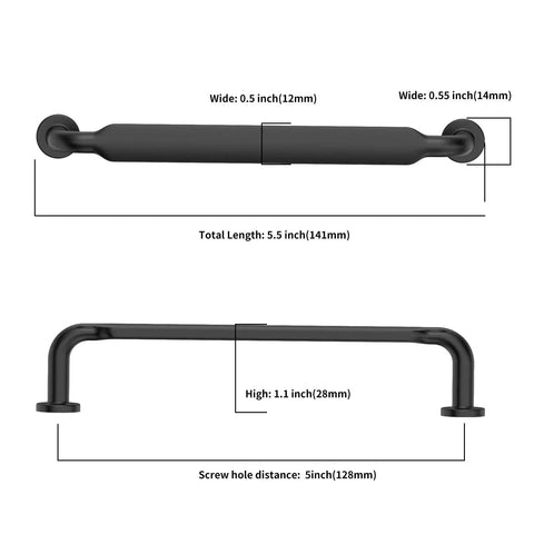 Dimensions of 10 Pack 5 Inch Matte Black Kitchen Cabinet Handles and Drawer Pulls with 5.5 inch length and screw holes 5 inch apart.
