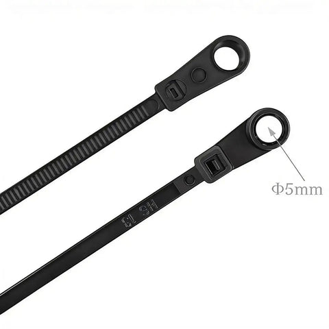 Black Heavy Duty 7.5 Inch Zip Ties With Mounting Screw Holes, UV Resistant Nylon 66, 50 Lbs Tensile, showing 5 mm holes