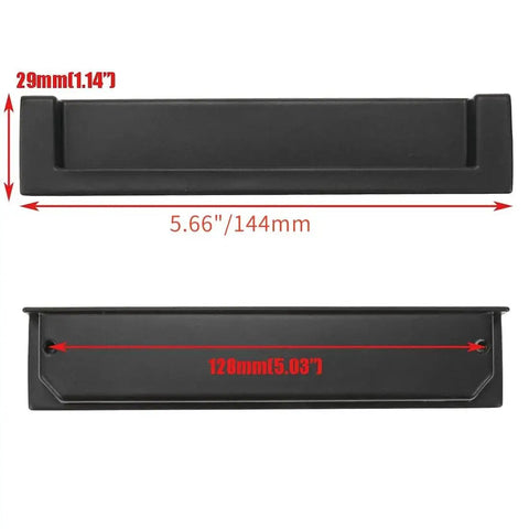 5 Inch Black Recessed Pull Handle For Drawers And Cabinets With Screws Zinc Alloy Hidden Inset For Bathroom Cabinets Rust Resistant Pack Of 4 Overall Size 5.66 By 1.2 By 0.6 Inches Slot Size 5.2 By 1 By 0.4 Inches, showing front and back with measurements