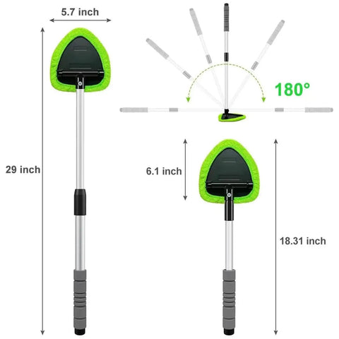 Long Reach Windshield Cleaner Tool With 180 Degree Pivot And Microfiber Pads dimensions and swivel head illustration
