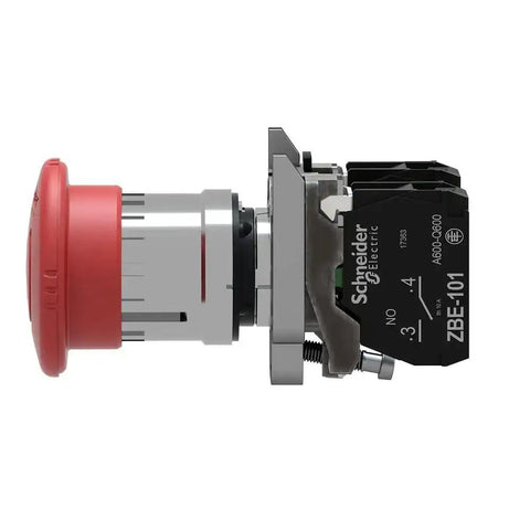 Side view of Red Emergency Stop Push Button Switch SPST No NC With Push Turn Release For Heavy Duty Rugged Safety Cutoff, Screw Clamp Terminals.