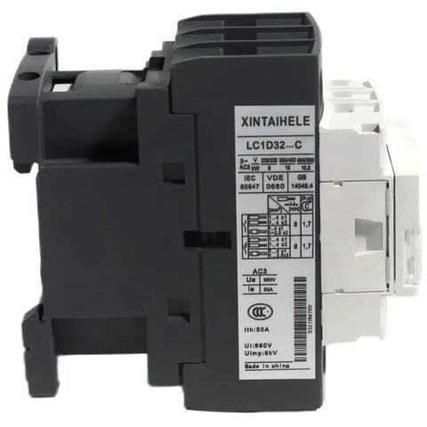 Built Tough Three Pole 30 Amp AC Contactor With 110 120V Coil, side view showing DIN rail mount, normally open and closed contacts.