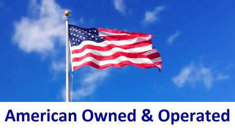 American flag waving with text 'American Owned & Operated' against a blue sky background