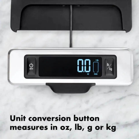 Stainless Steel Kitchen Scale With Pull Out Display, 11 Pound Capacity showing digital readout and unit conversion button