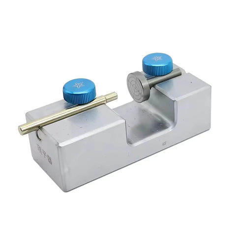 Dope Stick Transfer Jig for Gem Work Easy Aligner Locator and Bonding Converter, durable carbon steel, blue knobs, side view.