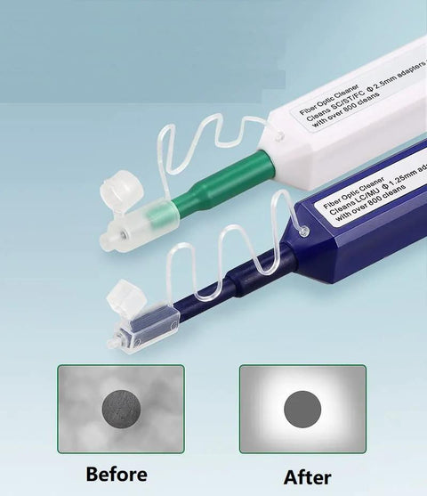 Fiber optic cleaner pens, 2 pcs by Amazon, white and blue with clear tips for LC/MU 1.25mm and SC/FC 2.5mm connectors.