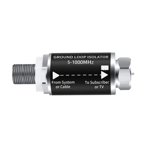 Ultimate TV Audio Noise Eliminator for Cable and Antenna Coax 75 Ohm Ground Loop Isolator shown with connectors and frequency range.