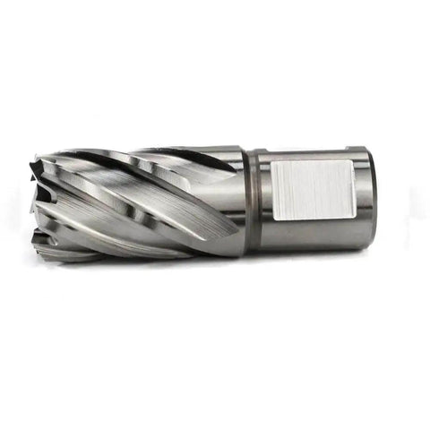 Ultra Fast Thirteen Sixteenth Inch Annular Cutter For Magnetic Drill Press With One Inch Cutting Depth And Three Quarter Inch Weldon Shank Two Flats Pilot Pin And Dual Teeth Thin Walled Design For Big Holes OSCARBIDE, side view