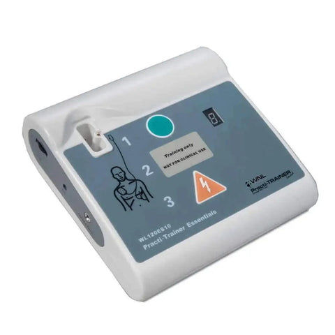 AED Practice Trainer Bundle WL120ES10 Essentials with CPR instruction graphics, ideal for realistic training by WNL Products.