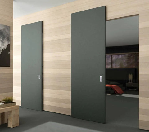 Interior Hidden Barn Door Sliding Kit With Concealed Hardware, 36 Inch By 84 Inch, Black Matte Finish Planum 0010 installed