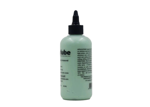 Water Based All Purpose Metalworking Compound 8oz For Drilling Tapping And Sawing With Smokeless Easy Clean Up Prolongs Tool Life And Delivers Fast Smooth Cuts Great On Stainless Steel No Oil, rear view of bottle.