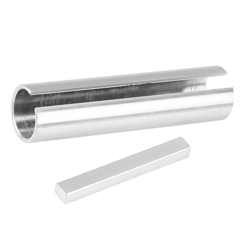 Side view of two-piece steel shaft sleeve set with longitudinal slot and separate 3/16 in keystock