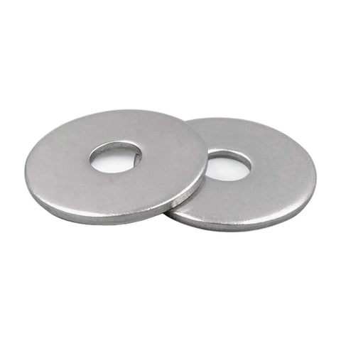 Two stainless fender flat washers, 1/4 in hole and 1 in outer diameter, 304 stainless steel.