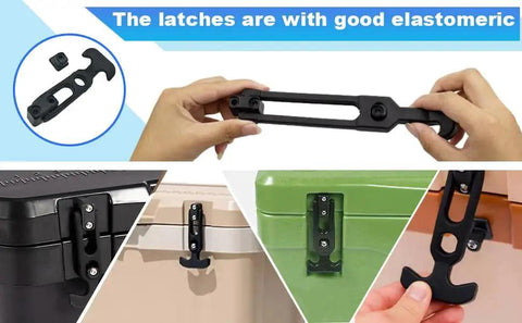 Flexible Rubber T Handle Draw Latch Replacement For Cooler 160mm shown close-up and installed on coolers