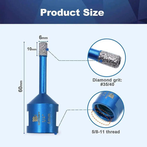 2 Pack 1/4 Inch Diamond Core Drill Bits for Porcelain Tile Ceramic Marble Granite Dry Drilling Vacuum Brazed Hole Saw with 5/8-11 Thread, 6mm Shank, 10mm Diamond Height, 60mm Overall Length, close-up view