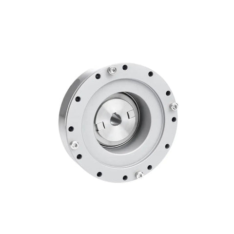 Front view of Harmonic Drive SHF17I Strain Wave Gearbox for automated robotic arm servo motors, 80 speed ratio, industrial grade.