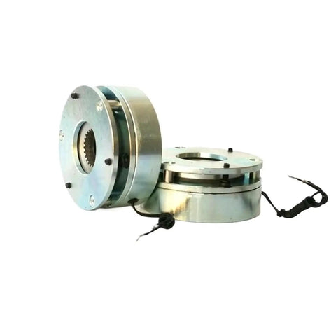 CZPBXOX micro power loss electromagnetic brake assembly, side view, silver metal with wiring leads