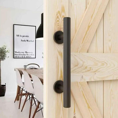 10 Inch Sliding Barn Door Handles And Pulls, Double Sided Hardware Set With Flat Bottom Plate Design In Rustic Black, Aluminum Construction With Black Powder Coat, Waterproof And Anti Corrosion, Easy Two Hole Installation mounted on a wooden door