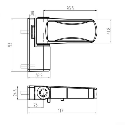 Technical drawing of Aluminum 3D Adjustable Door Flag Hinge with Mute Buffer Soft Close for Double Glazed Doors, side view.