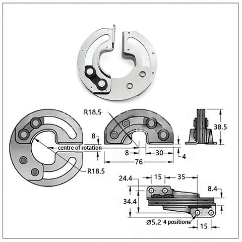 Front view of two-piece stainless steel round torque concealed cabinet door hinges with 90-degree internal swivel.