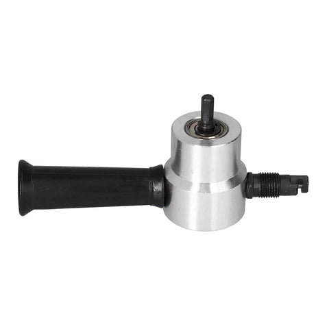 Front view of Dual Head Sheet Nibbler Attachment for electric drills, featuring a 360 degree handle, metal cutter for iron, steel, copper, aluminum.