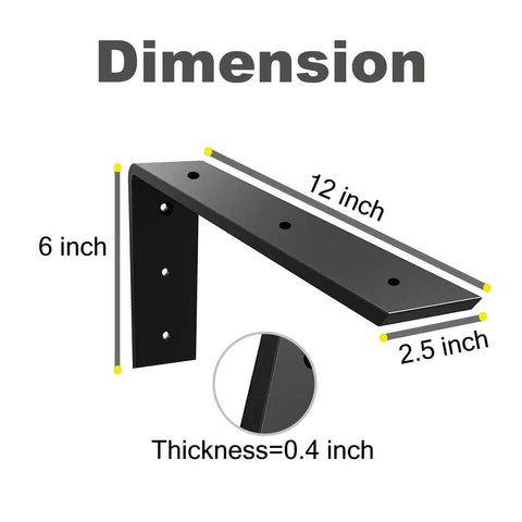 Dimensions of Countertop Support Bracket 2 Pack Heavy Duty Hidden L Bracket 12x6x2.5 Inches for Quartz Granite Laminate Black.
