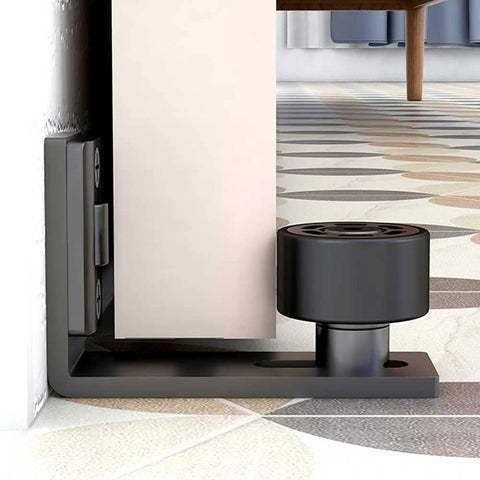 Adjustable Floor Guide For Sliding Barn Doors Black, Wall And Door Bottom Roller Guard installed view on tiled floor