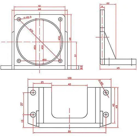 Technical diagram of Heavy Duty Metal Black Motor Mounting Bracket For 60ktyz AC Gear Motor showing dimensions and structure.