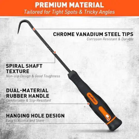 Close-up of a hook tool from the Professional 8 Piece Hook And Pick Set For Automotive Precision Work With Oil Seal Puller And O Ring And Gasket Removal Tools Ergonomic Handles For Mechanics And DIY Car Repair HORUSDY, featuring a chrome vanadium steel tip and dual-material rubber handle.