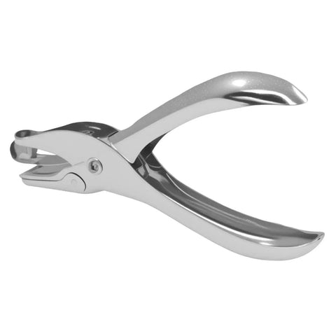 Silver metal handheld mini circle hole punch, part of a two pack one-eighth inch small hole punch for tags, clothing, and crafts.