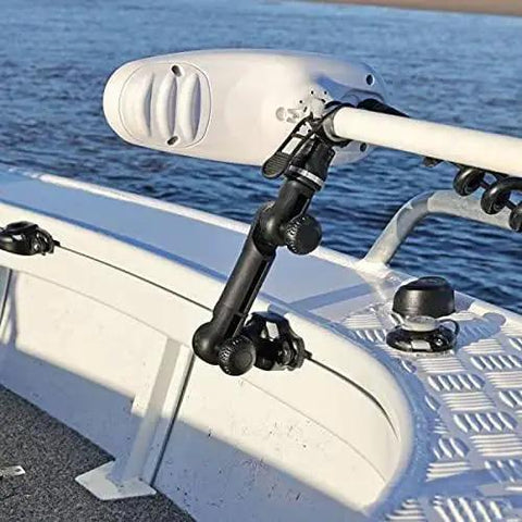 Expandable and Adjustable Trolling Motor Support XL for kayaks and boats with reinforced mount installed on vessel.