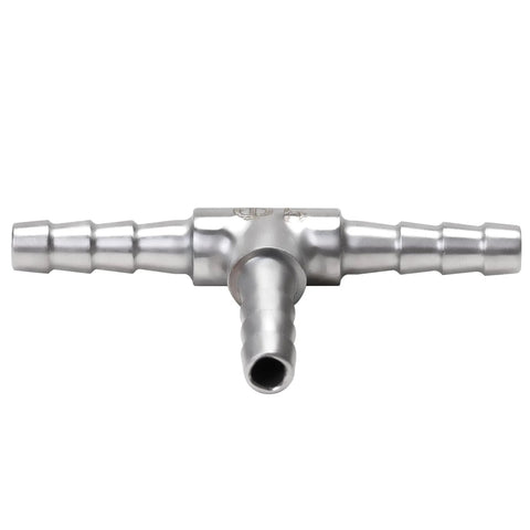 Stainless steel 3-way hose barb T-fitting with three 3/16 in barbs for homebrew use
